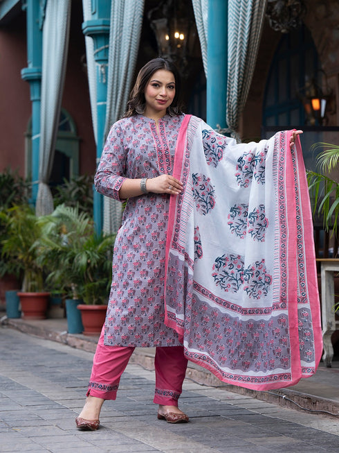 Women Plus Size Grey Pure Cotton Kurta Set With Dupatta